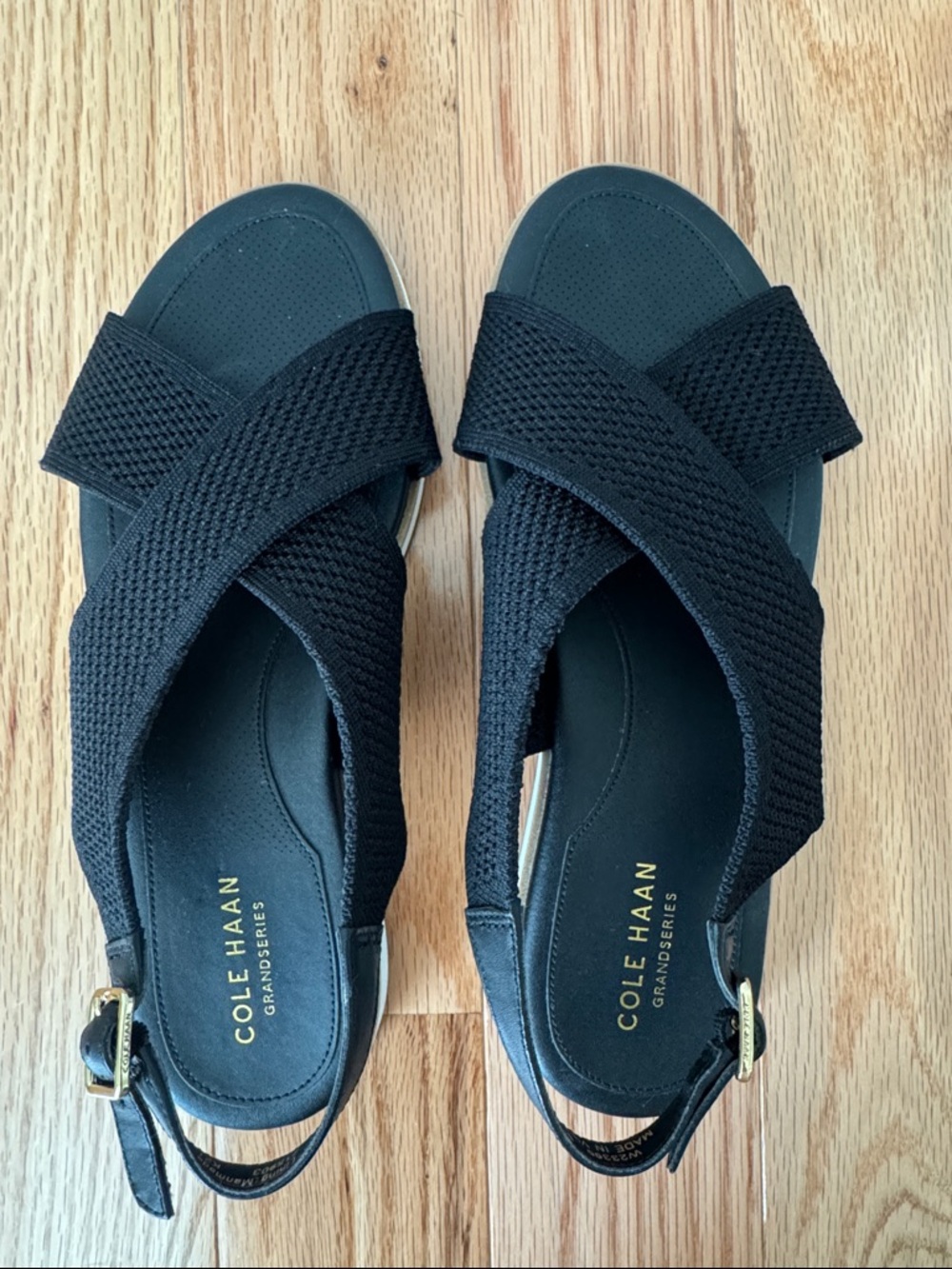 Cole Haan Black Crisscross Slingback Sandals with Gold Buckles